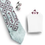 Zestaw z z krawatem folk: kolor błękitny, haft śląski bordowy