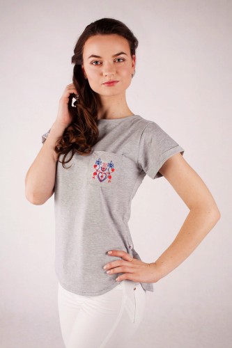 T-shirt szary z haftem spiskim