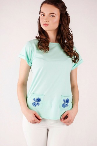 T-shirt miętowy z haftem wilanowskim